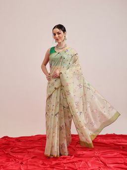 Silk Land - Olive Animal Digital Print Chanderi Saree with Unstitched Blouse