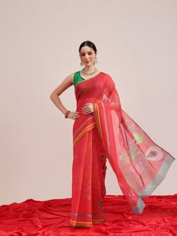 Silk Land - Red Animal Digital Print Chanderi Saree with Unstitched Blouse