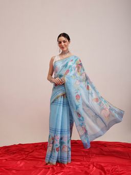 Silk Land - Blue Animal Digital Print Chanderi Saree with Unstitched Blouse