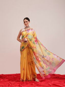 Silk Land - Yellow Fruits Printed Chanderi Cotton Saree with Unstitched Blouse