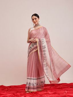 Silk Land - Maroon Striped Chanderi Cotton Digital Printed Saree with Unstitched Blouse