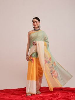 Silk Land - Multi-Color Chanderi Cotton Digital Printed Saree with Unstitched Blouse