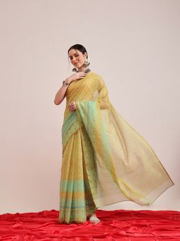 Silk Land - Olive Chanderi Cotton Digital Printed Saree with Unstitched Blouse