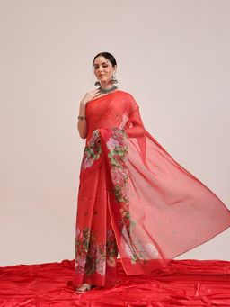 Silk Land - Red Chanderi Cotton Digital Printed Saree with Unstitched Blouse