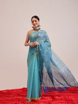 Silk Land - Teal Chanderi Cotton Digital Printed Saree with Unstitched Blouse