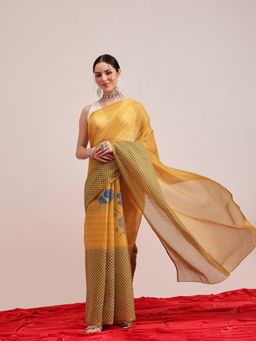 Silk Land - Yellow Chanderi Cotton Digital Printed Saree with Unstitched Blouse