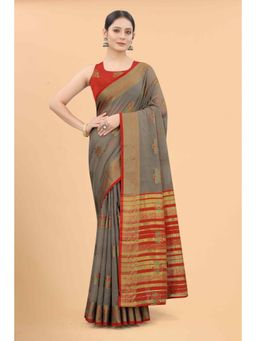 Silk Land - Grey Women Pure Cotton Zari Woven Saree with Unstitched Blouse