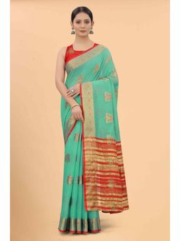 Silk Land - Teal Women Pure Cotton Zari Woven Saree with Unstitched Blouse