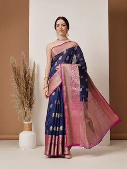 Silk Land - Navy Blue Woven Banarasi Art Silk Saree Unstitched Blouse