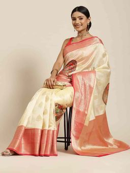 Silk Land - Beige Women Banarasi Digital Printed Zari Woven Saree with Unstitched Blouse