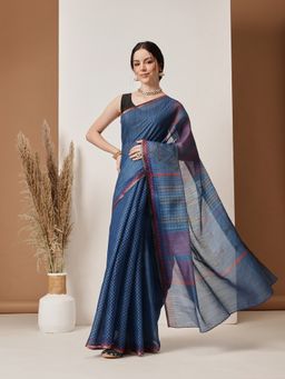 Silk Land - Blue Digital Print Cotton Tissue Gold Zari Work Saree with Unstitched Blouse