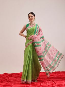 Silk Land - Green Digital Print Cotton Tissue Gold Zari Work Saree with Unstitched Blouse