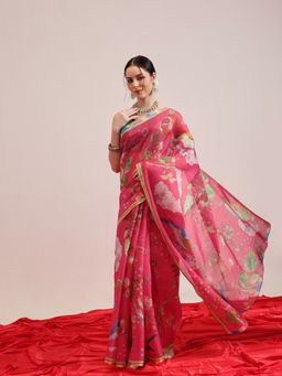 Silk Land - Pink Fruits Printed Cotton Tissue Gold Zari Work Saree with Unstitched Blouse