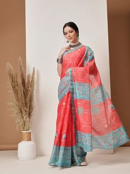 Silk Land - Red Fruits Printed Cotton Tissue Gold Zari Work Saree with Unstitched Blouse