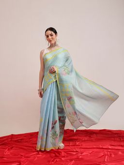 Silk Land - Blue Digital Print Cotton Tissue Gold Zari Work Saree with Unstitched Blouse