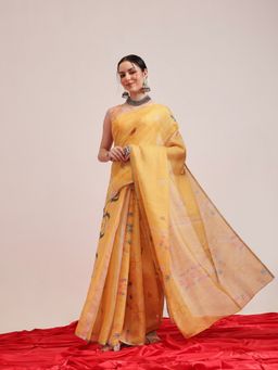 Silk Land - Yellow Fruits Printed Cotton Tissue Gold Zari Work Saree with Unstitched Blouse