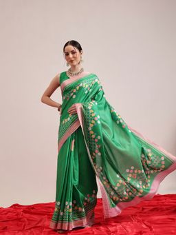 Silk Land - Green Printed Floral Art Silk Saree with Gold Zari Woven Border & Unstitched Blouse