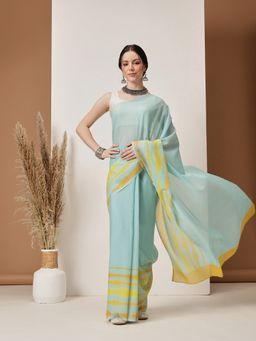Silk Land - Teal Abstract Printed Soft Mal Cotton Saree with Unstitched Blouse