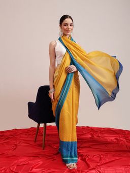 Silk Land - Yellow Abstract Printed Soft Mal Cotton Saree with Unstitched Blouse