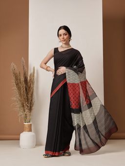 Silk Land - Black Digital Printed Soft Mal Cotton Saree with Unstitched Blouse