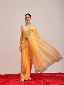 Silk Land - Mustard Polka Dots Printed Soft Mal Cotton Saree with Unstitched Blouse