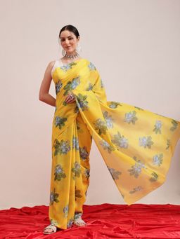 Silk Land - Yellow Digital Printed Soft Mal Cotton Saree with Unstitched Blouse