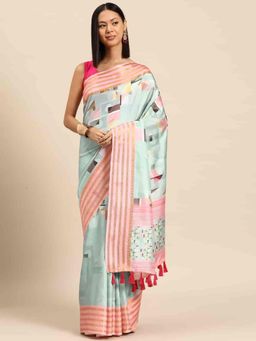 Silk Land - Blue Digital Print Soft Silk Saree Unstitched Blouse