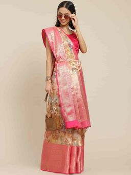 Silk Land - Multi-Color Women Digital Printed Woven Silk Saree with Unstitched Blouse