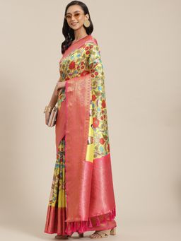 Silk Land - Green Women Banarasi Art Silk Digital Print Saree with Unstitched Blouse