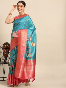 Silk Land - Teal Women Kalamkari Woven Silk Saree with Unstitched Blouse