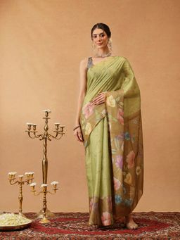 Silk Land - Olive Digital Printed Cotton Silk Tissue Saree Unstitched Blouse