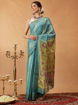 Silk Land - Teal Digital Printed Cotton Silk Tissue Saree Unstitched Blouse