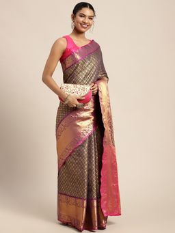 Silk Land - Navy Blue Women Banarasi Silk Woven Saree with Unstitched Blouse