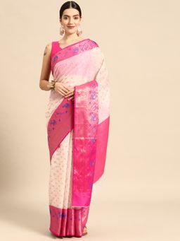 Silk Land - Off White Woven Banarasi Art Silk Kasauv Saree Unstitched Blouse