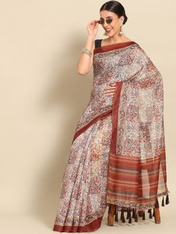 Silk Land - Multi-Color Women Block Print Cotton Saree with Unstitched Blouse