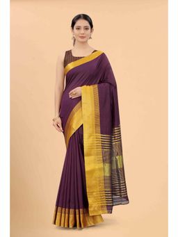 Silk Land - Purple Banarasi Silk Gold Zari Border Solid Saree with Unstitched Blouse
