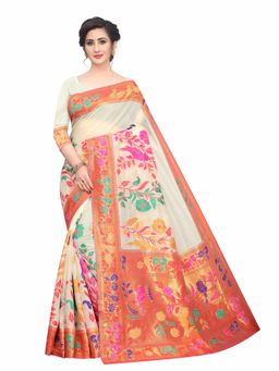 Silk Land - Off White Women Handloom Dhakai Jamdani Cotton Blend Saree with Unstitched Blouse