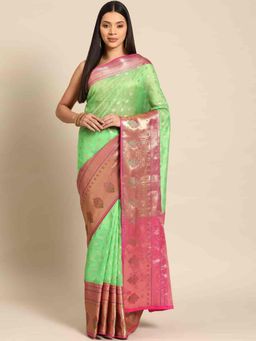 Silk Land - Parrot Green & Gold Woven Zari Art Silk Banarasi Saree with Unstitched Blouse