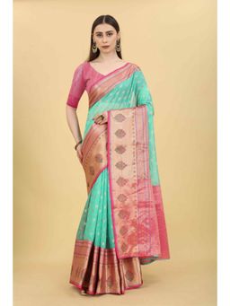 Silk Land - Green & Gold Woven Zari Art Silk Banarasi Saree Unstitched Blouse