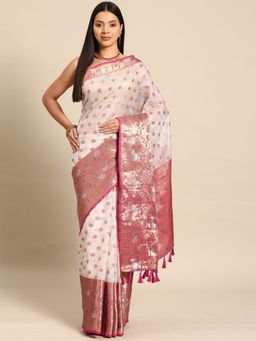 Silk Land - White And Pink Kanjiwaram Art Silk Saree Unstitched Blouse
