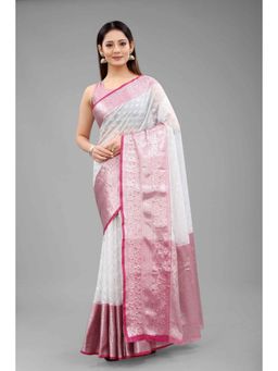 Silk Land - White Women Kanjiwaram Silk Woven Saree with Unstitched Blouse