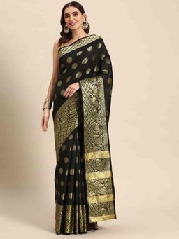 Silk Land - Black & Golden Pure Silk Banarasi Saree with Unstitched Blouse
