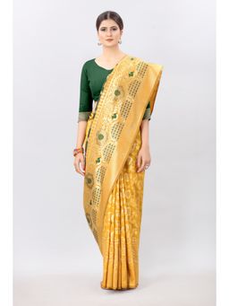 Silk Land - Mustard & Green with Gold Kanjeevaram Silk Woven Saree with Unstitched Blouse