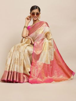Silk Land - Beige Women Woven Banarasi Kanchipuram Art Silk Saree with Unstitched Blouse