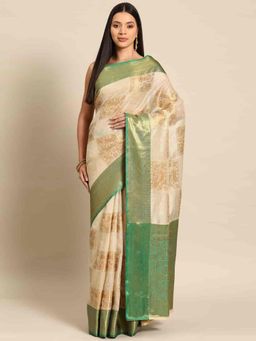 Silk Land - Beige Women Woven Banarasi Kanchipuram Art Silk Saree with Unstitched Blouse