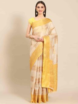 Silk Land - Beige Women Woven Banarasi Kanchipuram Art Silk Saree with Unstitched Blouse
