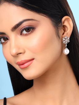 Yellow Chimes - Silver Tone Ad Studded Snow Designed Pearl Drop Earrings