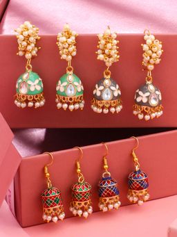 Yellow Chimes - Mothi Hoop Meenakari Jhumki Earrings- Combo Of 4 Pair