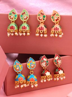 Yellow Chimes - Meenakari Jhumka Earrings- Combo Of 4 Pair