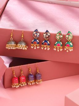 Yellow Chimes - Meenakari Jhumka Earrings- Combo Of 5 Pair